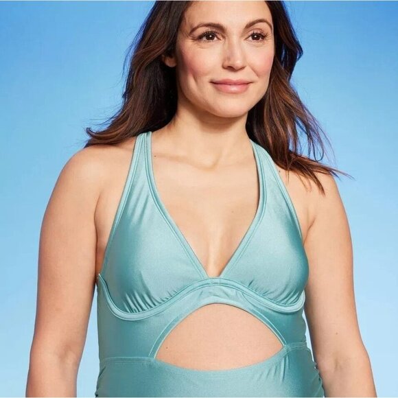Ingrid & Isabel Maternity Metallic Baby Blue Cut Out Front 1 Pc Swimsuit - Picture 3 of 6